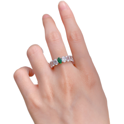 Emerald Green&Full Oval Cut White Gemstone Wedding Band-Sterling Silver-lornajewelry