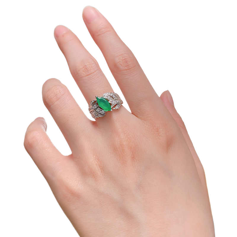 1Ct Green Marquise Cut Leaf Pave Ring-Sterling Silver-lornajewelry