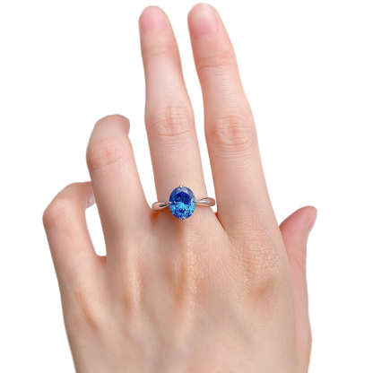 3Ct Blue Oval Cut Solitaire Ring-Sterling Silver-lornajewelry