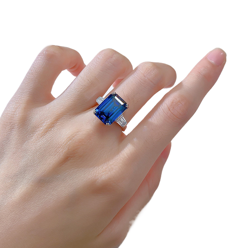 7Ct Blue Emerald Cut Three-Stone Ring-Sterling Silver-lornajewelry