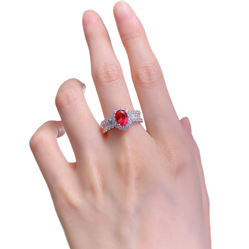 1Ct Ruby Oval Halo Pave Ring with Baguette Accent-Sterling Silver-lornajewelry