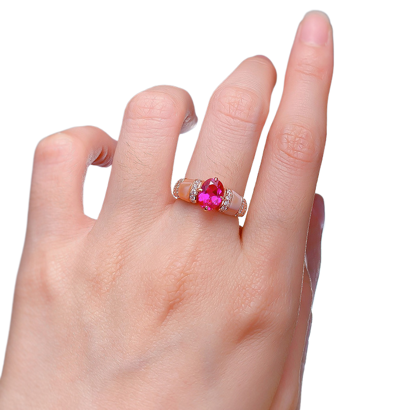 1Ct Rose Red Oval Cut Mother-of-Pearl Pave Setting Ring-Sterling Silver-lornajewelry