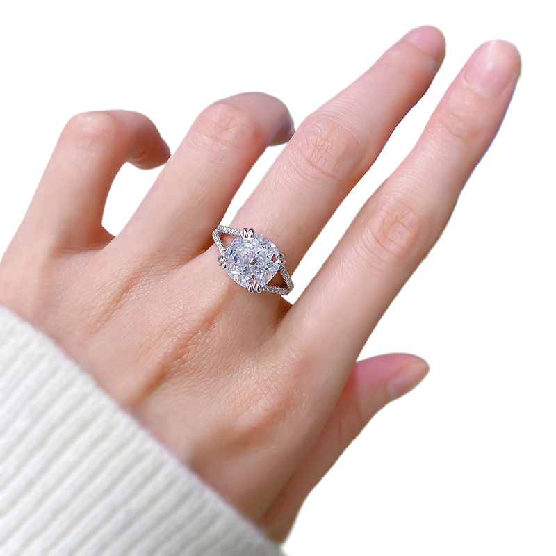 5Ct Cushion Cut White Split Shank Pave Setting Ring-Sterling Silver-lornajewelry