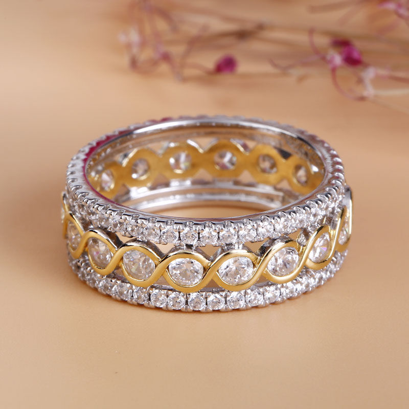 Two Tone Interwoven Waves Round Cut Wedding Band In Sterling Silver