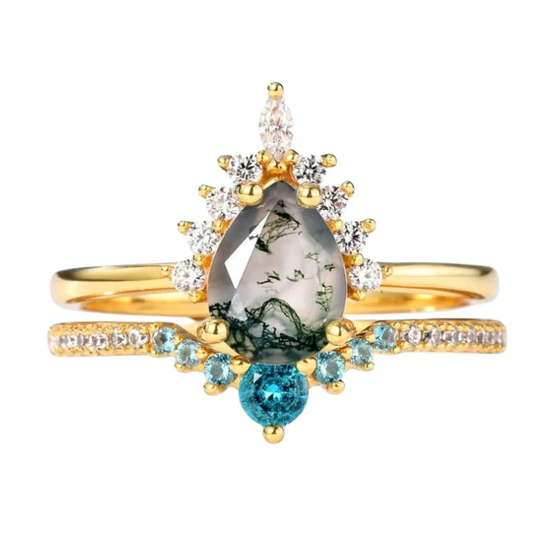 2Ct Yellow Gold Pear Cut Natural Moss Agate Wedding Ring Set In Sterling Silver-Sterling Silver-lornajewelry