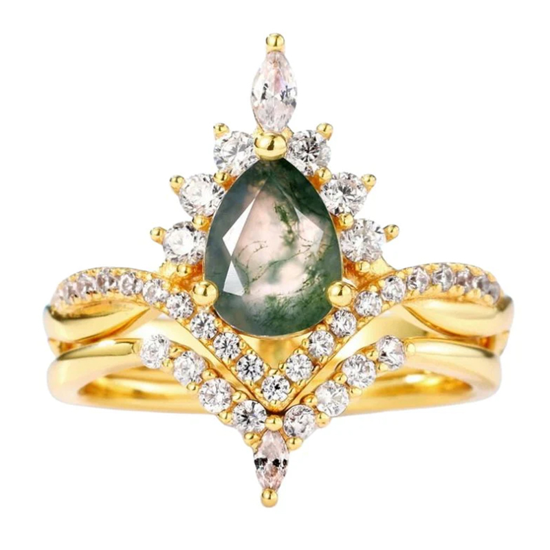 2Ct Yellow Gold Vintage Pear cut Natural Moss Agate Wedding Ring Set In Sterling Silver-Sterling Silver-lornajewelry