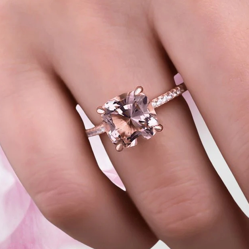 4.5Ct Rose Gold Cushion Cut Morganite Peachy Pink Stone Engagement Ring For Women In Sterling Silver-Sterling Silver-lornajewelry