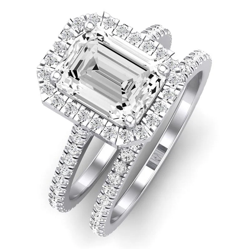 3Ct Halo Emerald Cut Wedding Ring Set for Women-Sterling Silver-lornajewelry