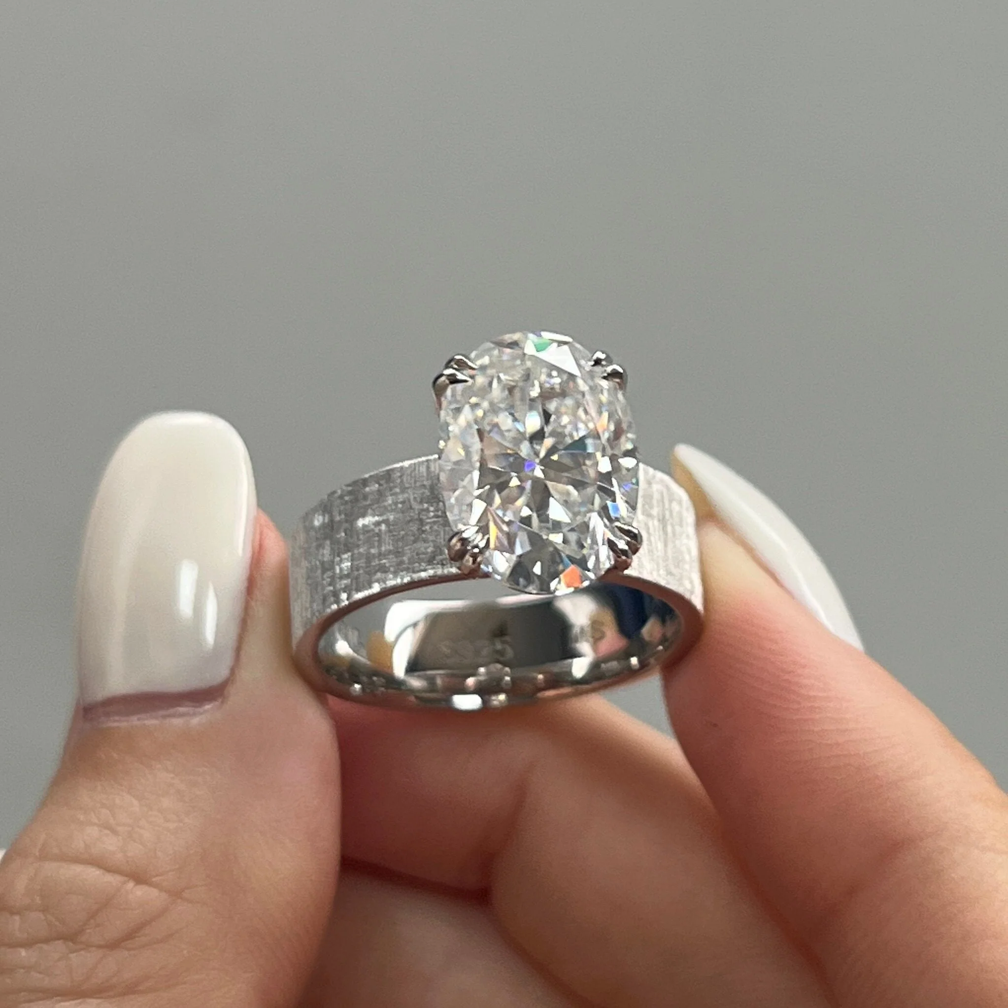 4Ct Oval Cut Solitaire Wide Band Brushed Engagement Ring in Sterling Silver