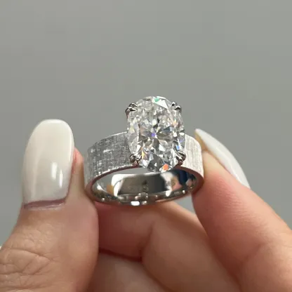 4Ct Oval Cut Solitaire Wide Band Brushed Engagement Ring in Sterling Silver