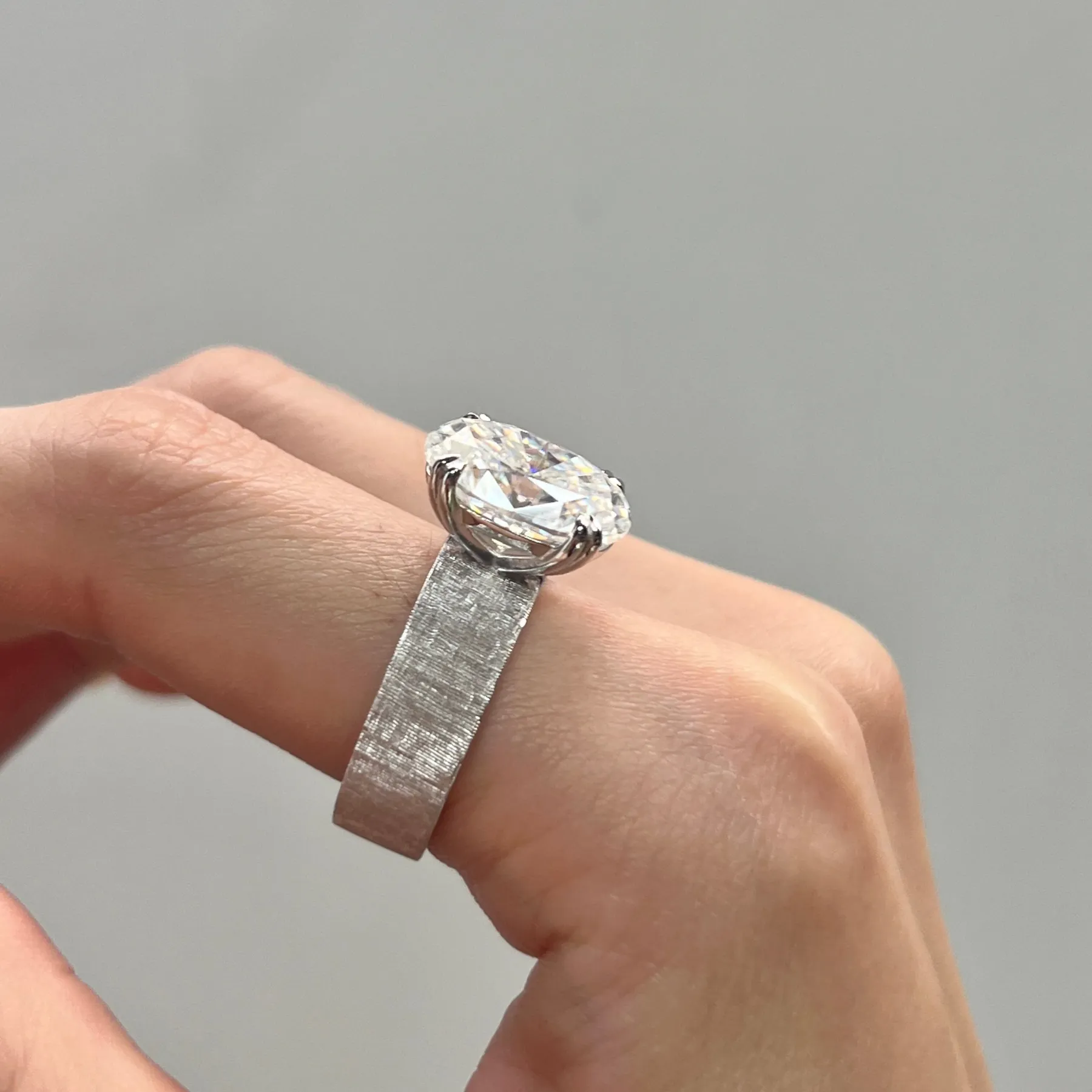 4Ct Oval Cut Solitaire Wide Band Brushed Engagement Ring in Sterling Silver