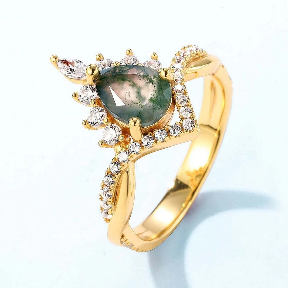 2Ct Yellow Gold Vintage Pear cut Natural Moss Agate Wedding Ring Set In Sterling Silver-Sterling Silver-lornajewelry