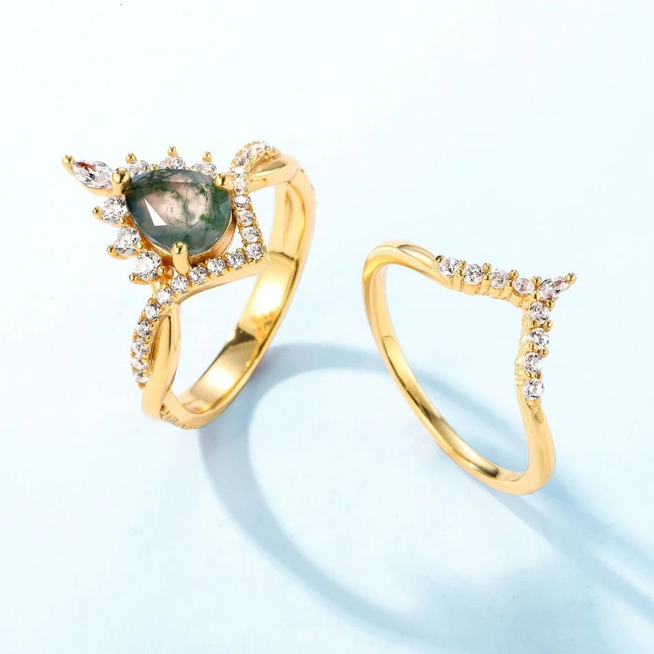2Ct Yellow Gold Vintage Pear cut Natural Moss Agate Wedding Ring Set In Sterling Silver-Sterling Silver-lornajewelry