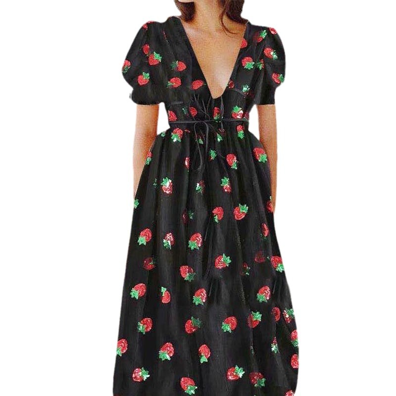 French dress strawberry four-color sequin sweet long dress