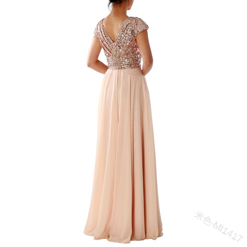 Women's Dress V Neck Sequined Chiffon Patchwork Evening Gown