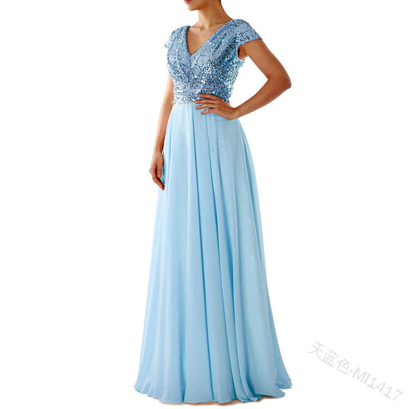 Women's Dress V Neck Sequined Chiffon Patchwork Evening Gown