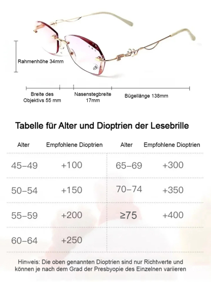 Elegante randlose Lesebrille mit Diamantschliff