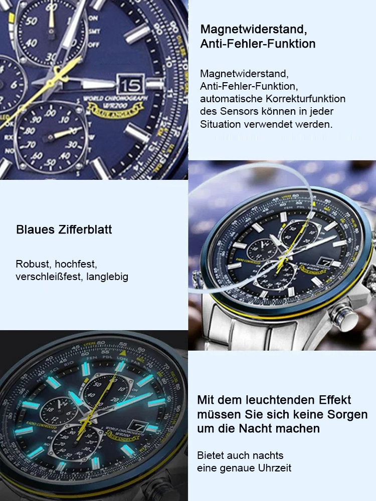 Blue Angel Fluguhr mit drei Augen und sechs Zeigern, Quarzwerk und lichtkinetischer Energie