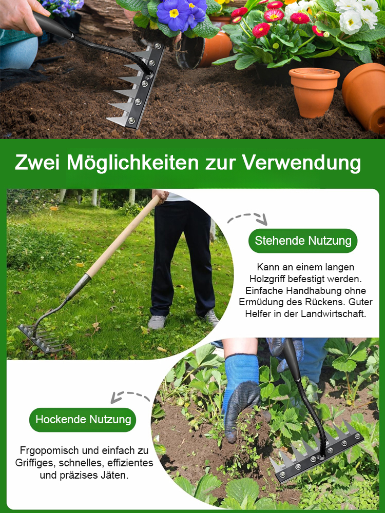 【Kostenlose Testversion】10 Jahre Garantie auf den Unkrautrechen aus Stahl, kann 99,9 % des Unkrauts entfernen