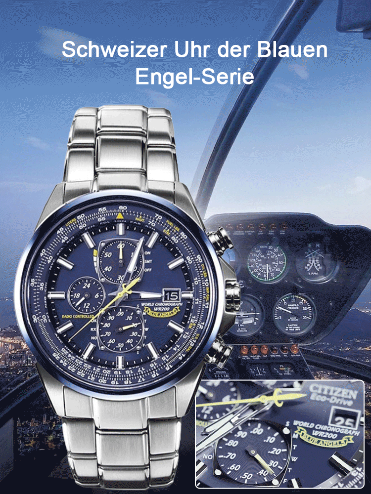 Blue Angel Fluguhr mit drei Augen und sechs Zeigern, Quarzwerk und lichtkinetischer Energie
