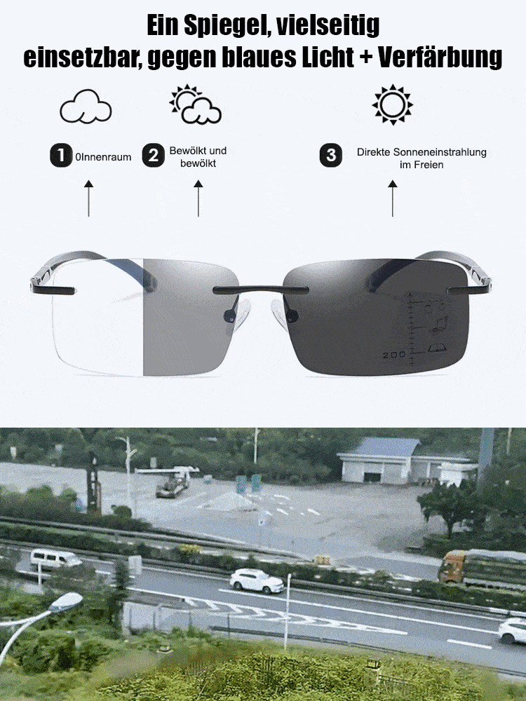 Diamantgeschliffene rahmenlose photochrome Brille mit Blaulichtschutz, automatische Zoom-Lesebrille👓️