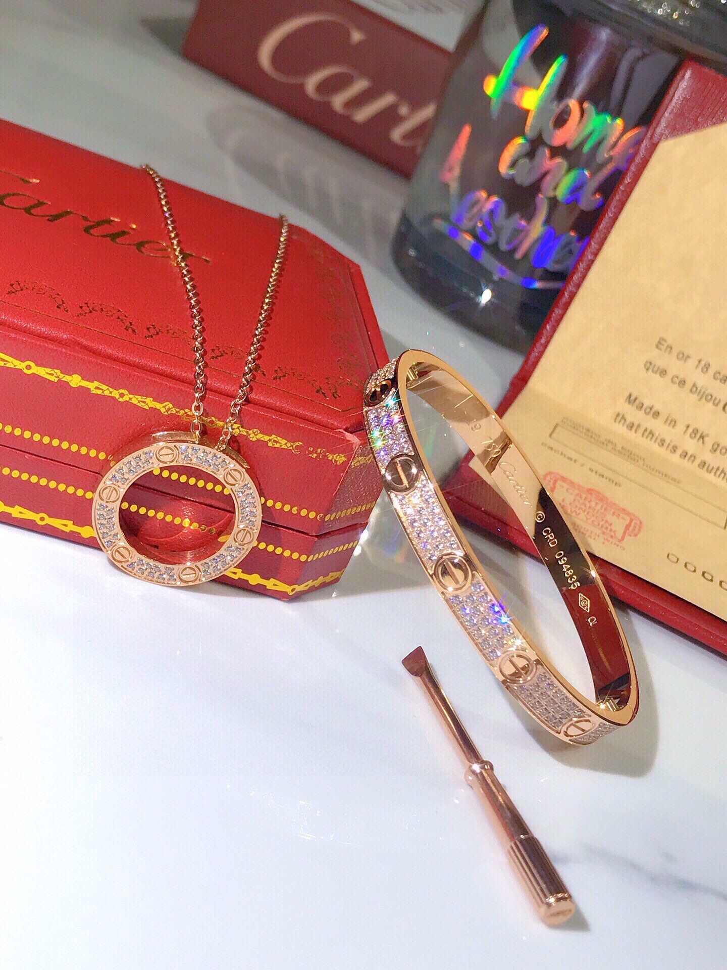 LOVE BRACELET,DIAMOND-PAVED + LOVE NECKLACE, DIAMOND-PAVED