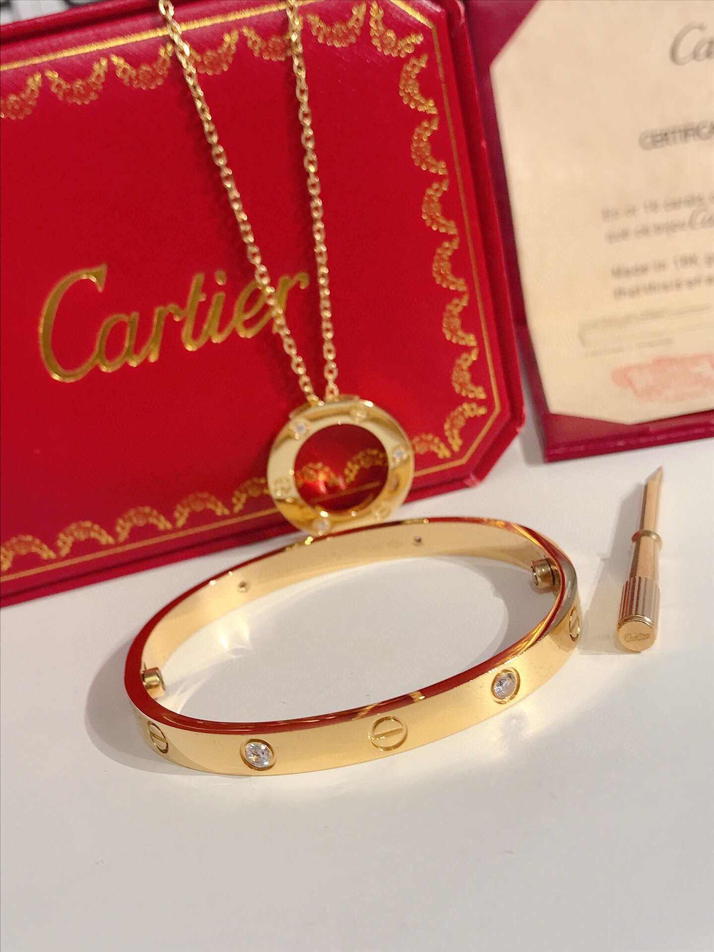 LOVE BRACELET, 4 DIAMONDS + LOVE NECKLACE, 3 DIAMONDS