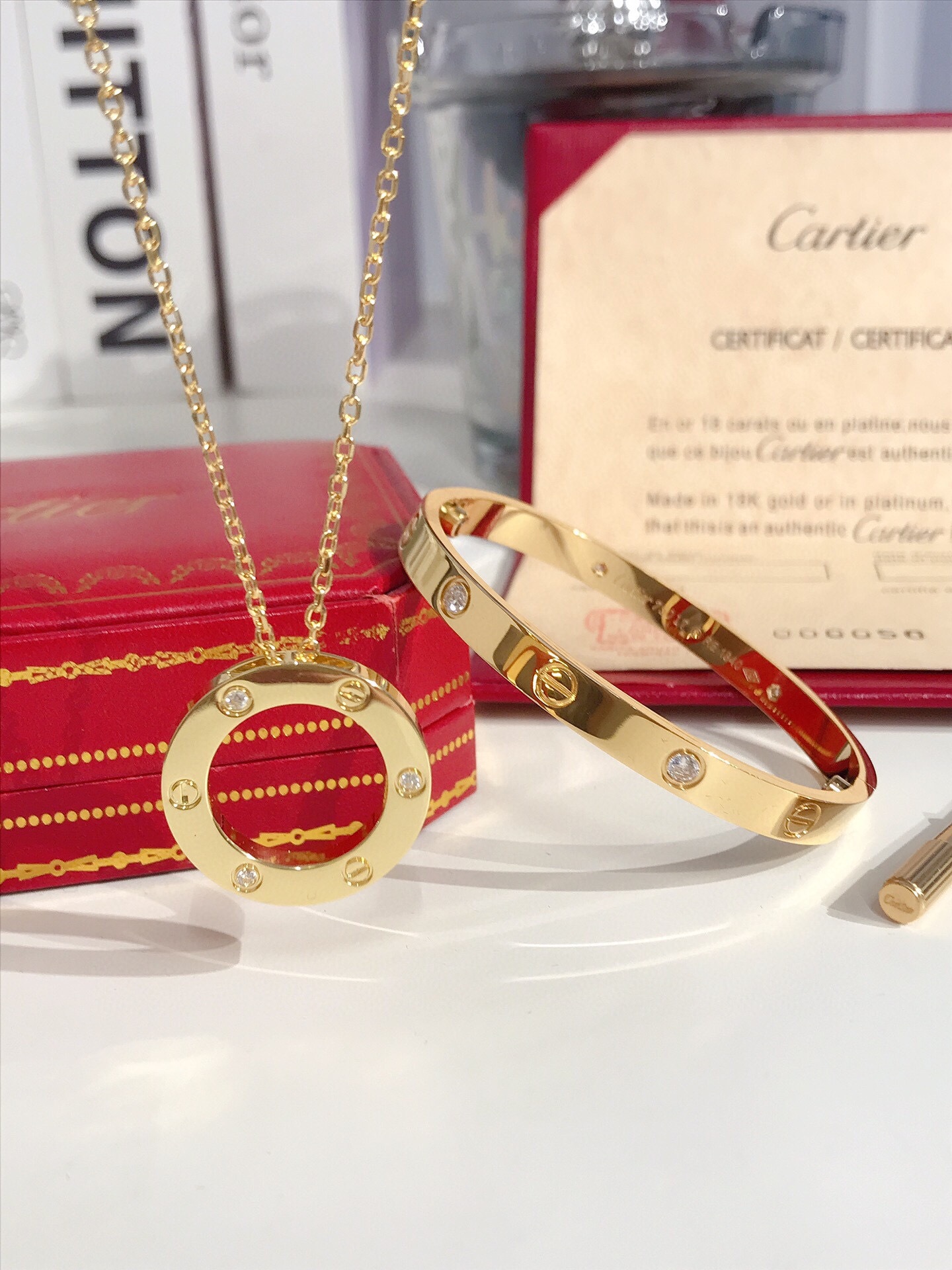 LOVE BRACELET, 4 DIAMONDS + LOVE NECKLACE, 3 DIAMONDS