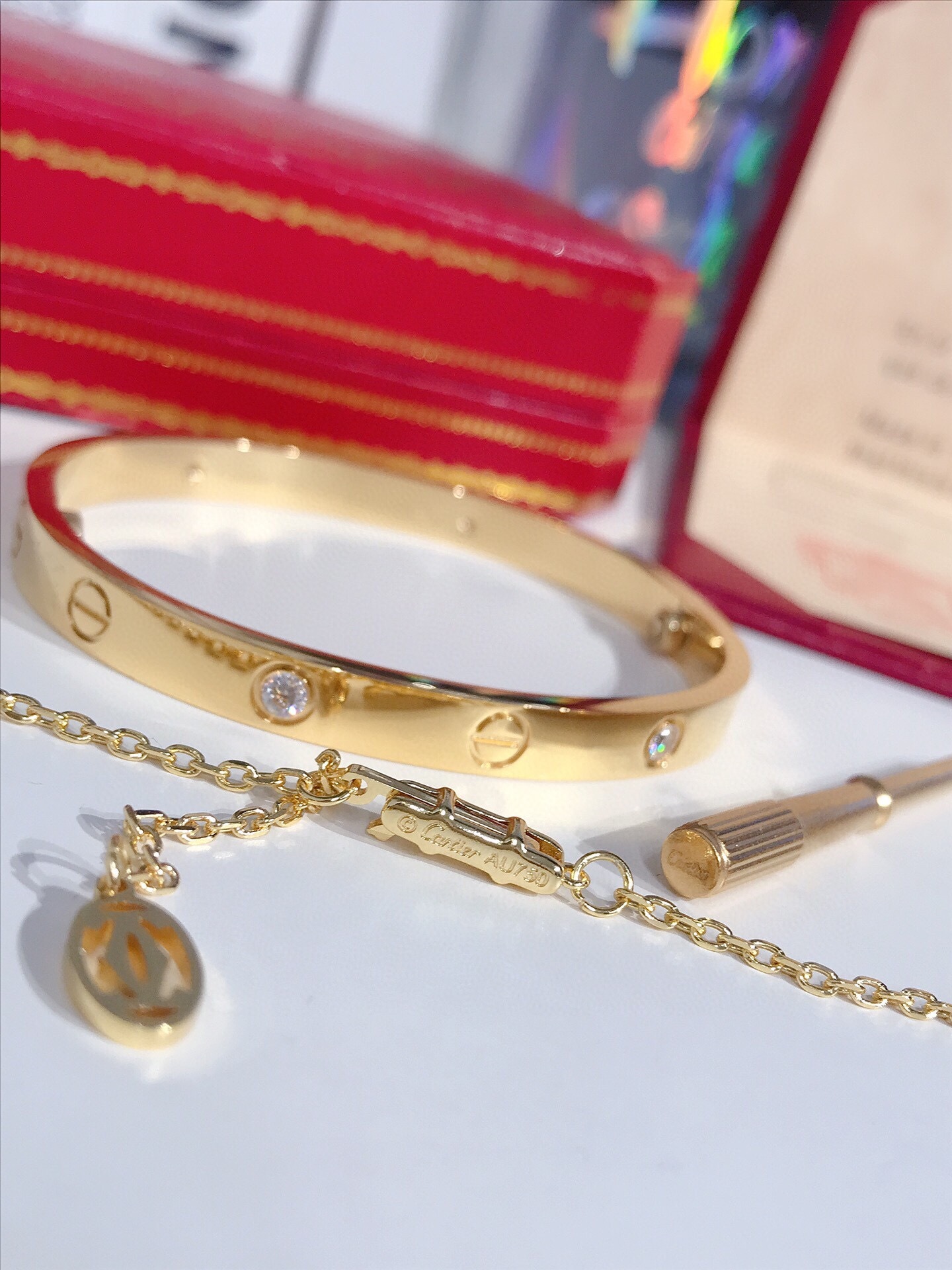 LOVE BRACELET, 4 DIAMONDS + LOVE NECKLACE, 3 DIAMONDS