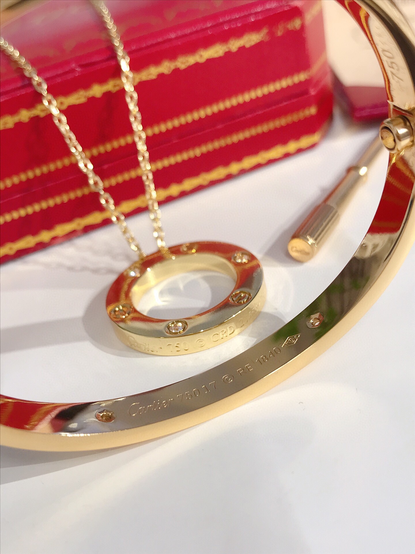 LOVE BRACELET, 4 DIAMONDS + LOVE NECKLACE, 3 DIAMONDS