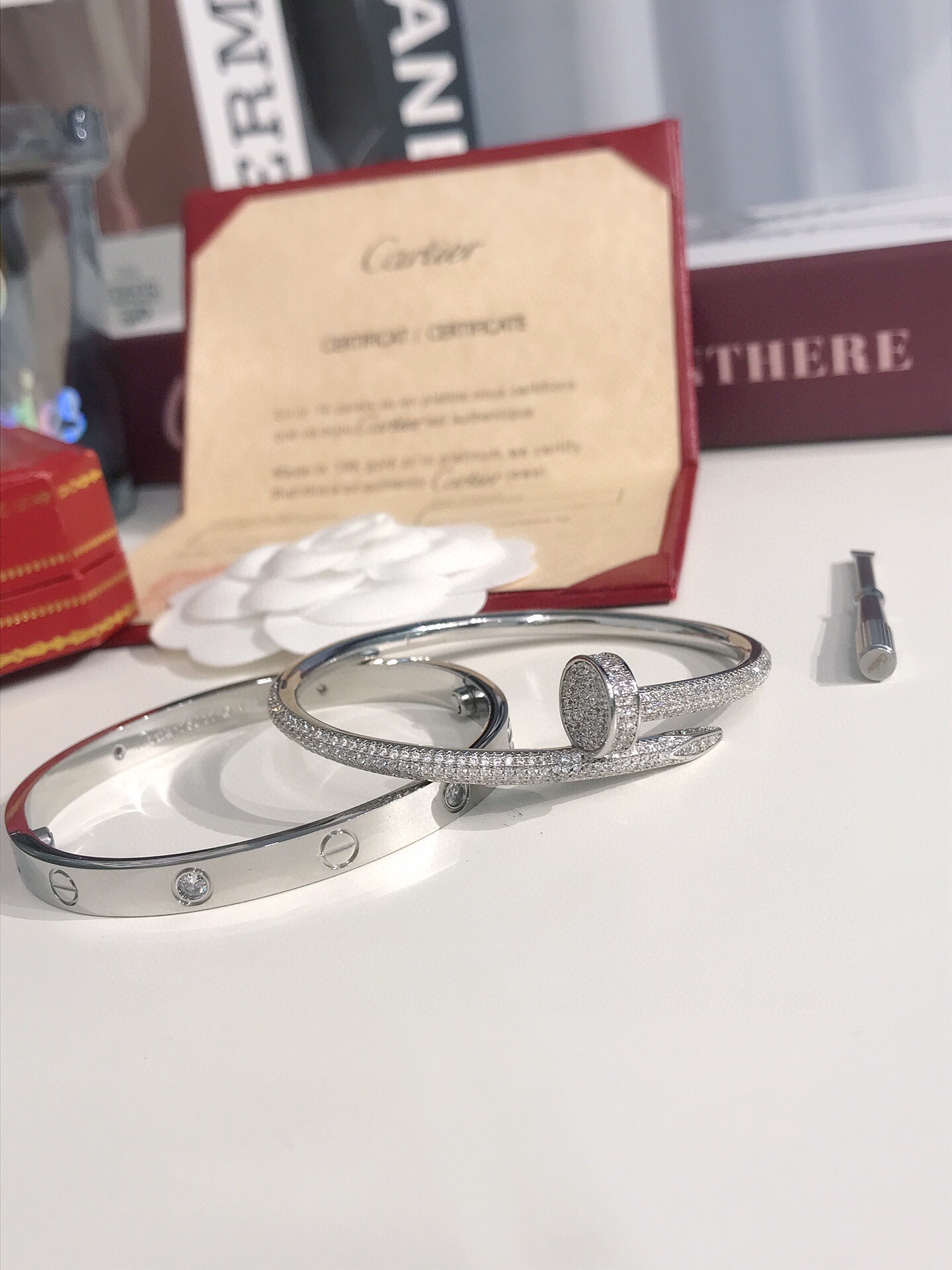 LOVE BRACELET, 4 DIAMONDS + JUSTE UN CLOU BRACELET, MEDIUM MODEL