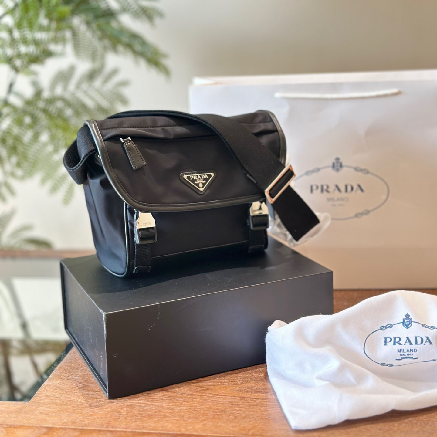 Re-Nylon and Saffiano leather shoulder bag