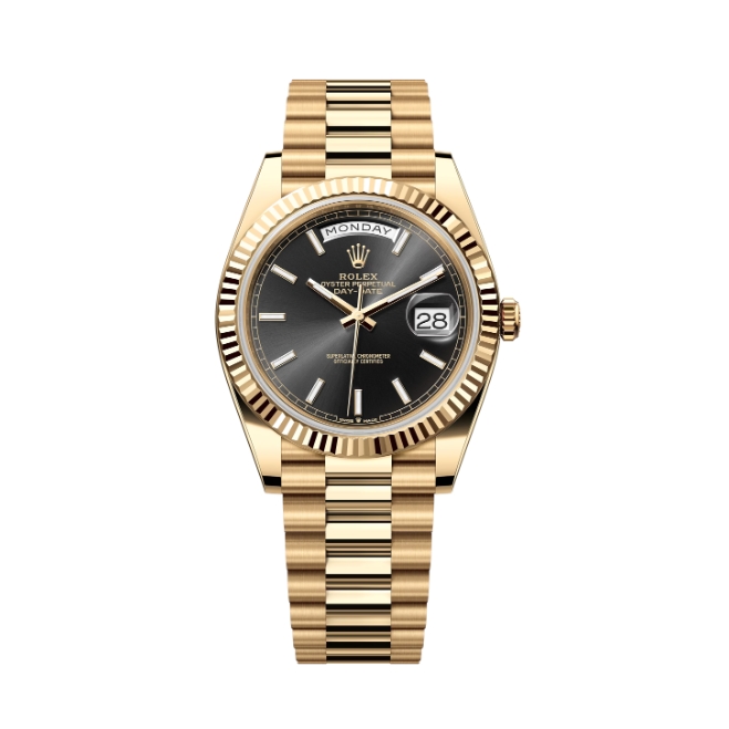 Day-Date 40  Black Dial m228238-0067 Yellow Gold Fluted President Bracelet