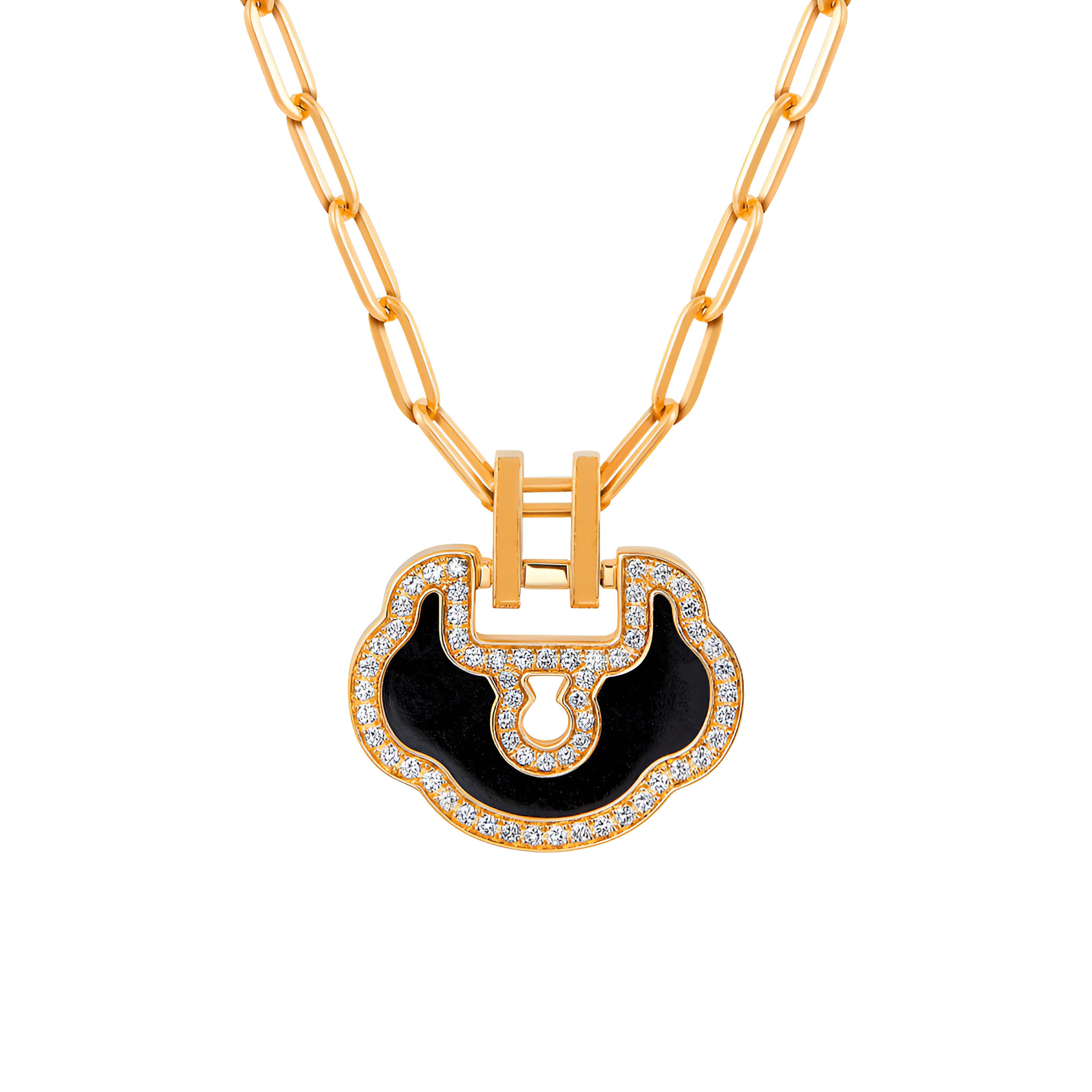 Medium Yu Yi necklace in 18K yellow gold with diamonds and jade