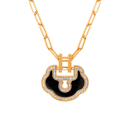 Medium Yu Yi necklace in 18K yellow gold with diamonds and jade
