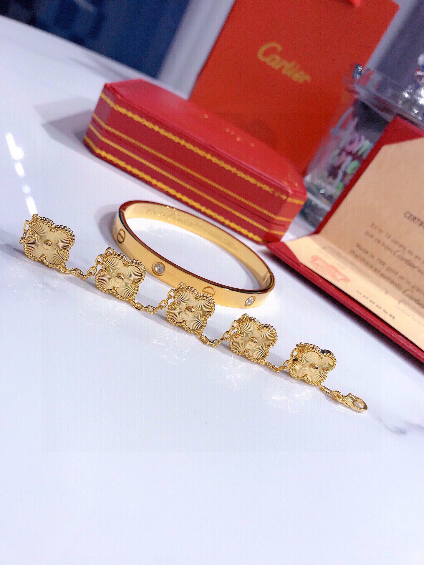 LOVE BRACELET, 4 DIAMONDS + Vintage Alhambra bracelet, 5 motifs