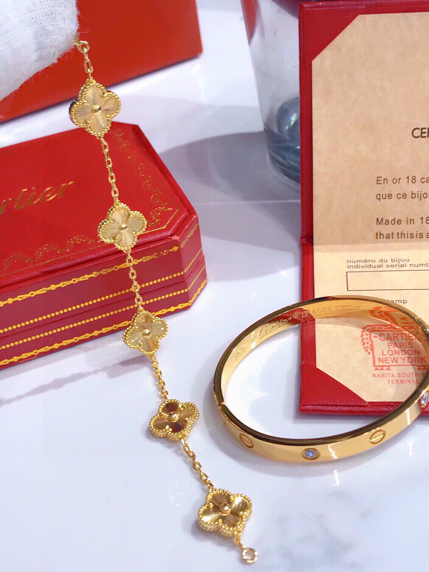 LOVE BRACELET, 4 DIAMONDS + Vintage Alhambra bracelet, 5 motifs