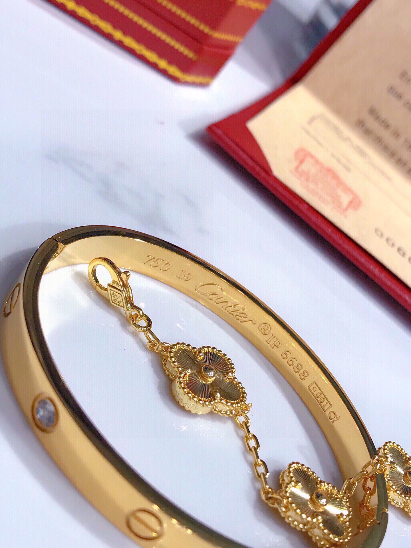 LOVE BRACELET, 4 DIAMONDS + Vintage Alhambra bracelet, 5 motifs