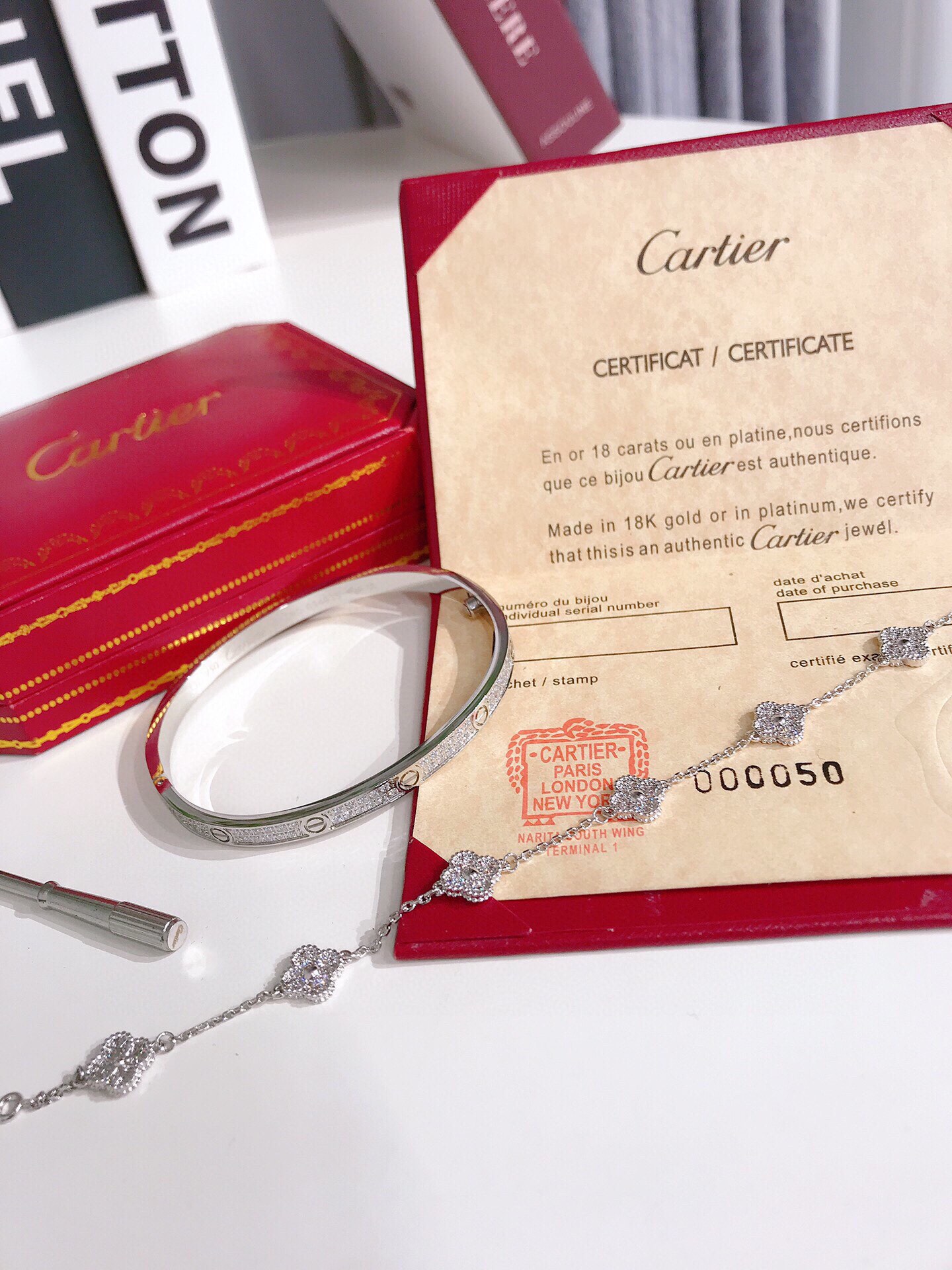 LOVE bracelet, small model, paved + Vintage Alhambra bracelet, 5 motifs