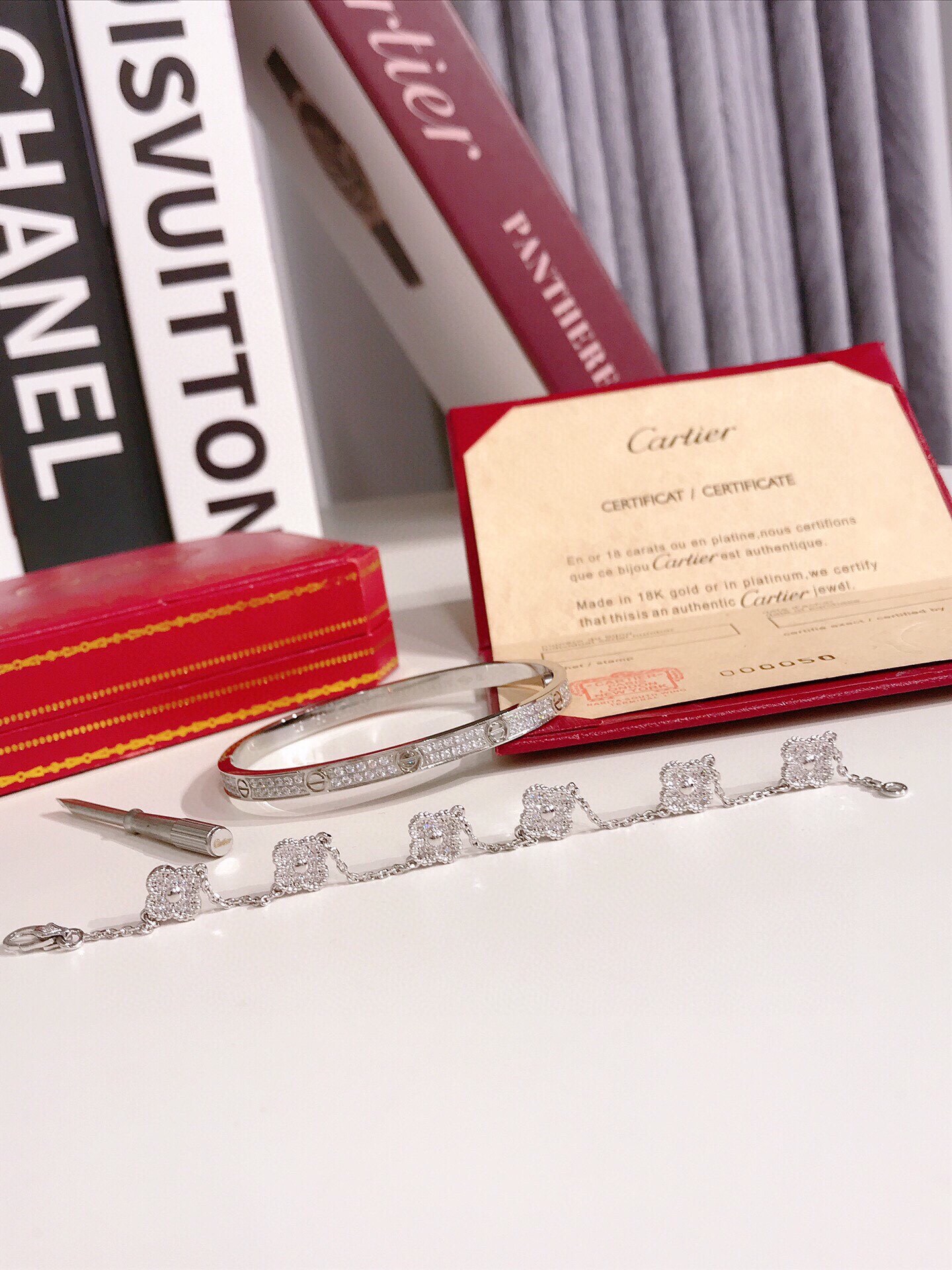 LOVE bracelet, small model, paved + Vintage Alhambra bracelet, 5 motifs