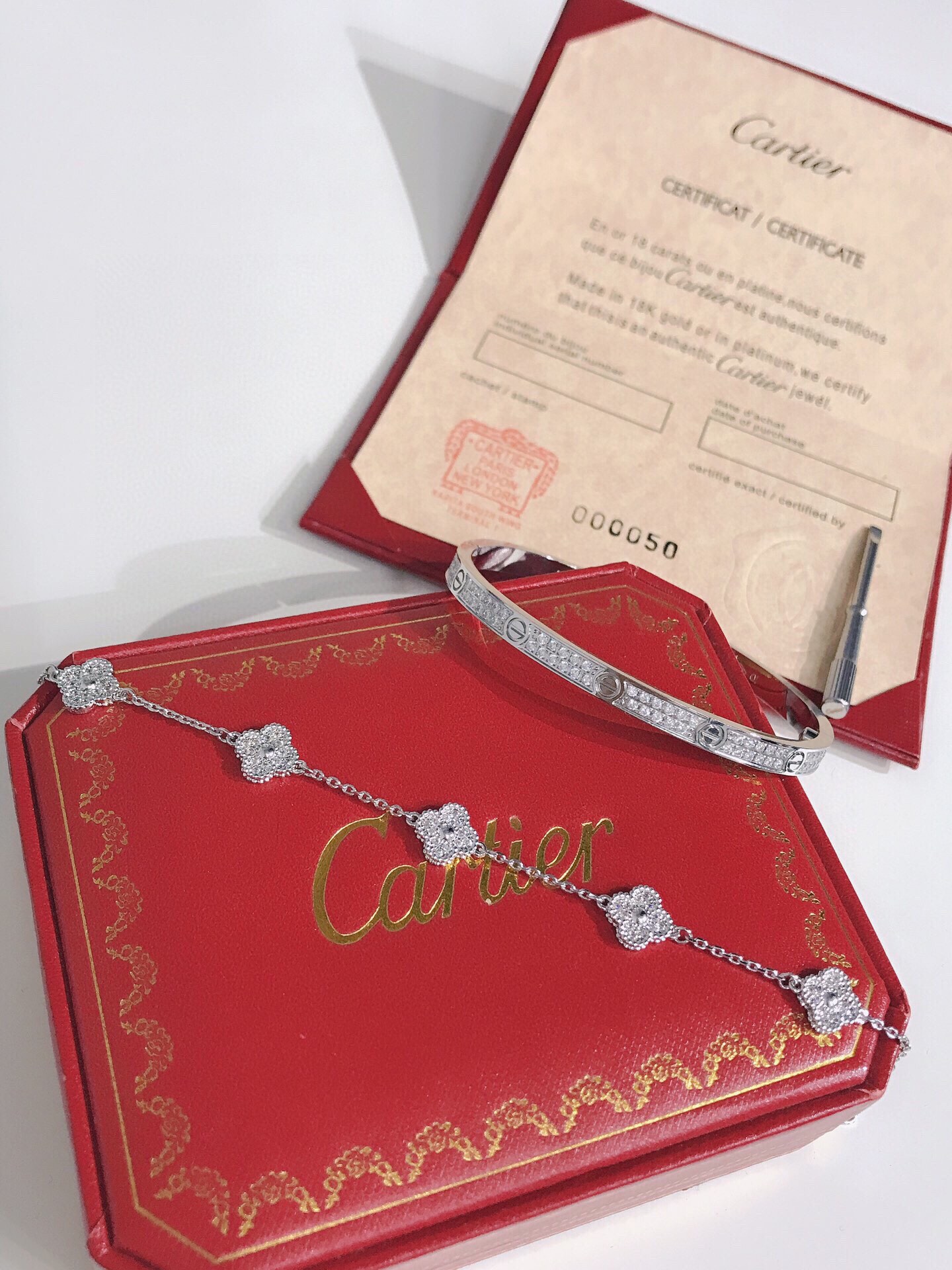 LOVE bracelet, small model, paved + Vintage Alhambra bracelet, 5 motifs