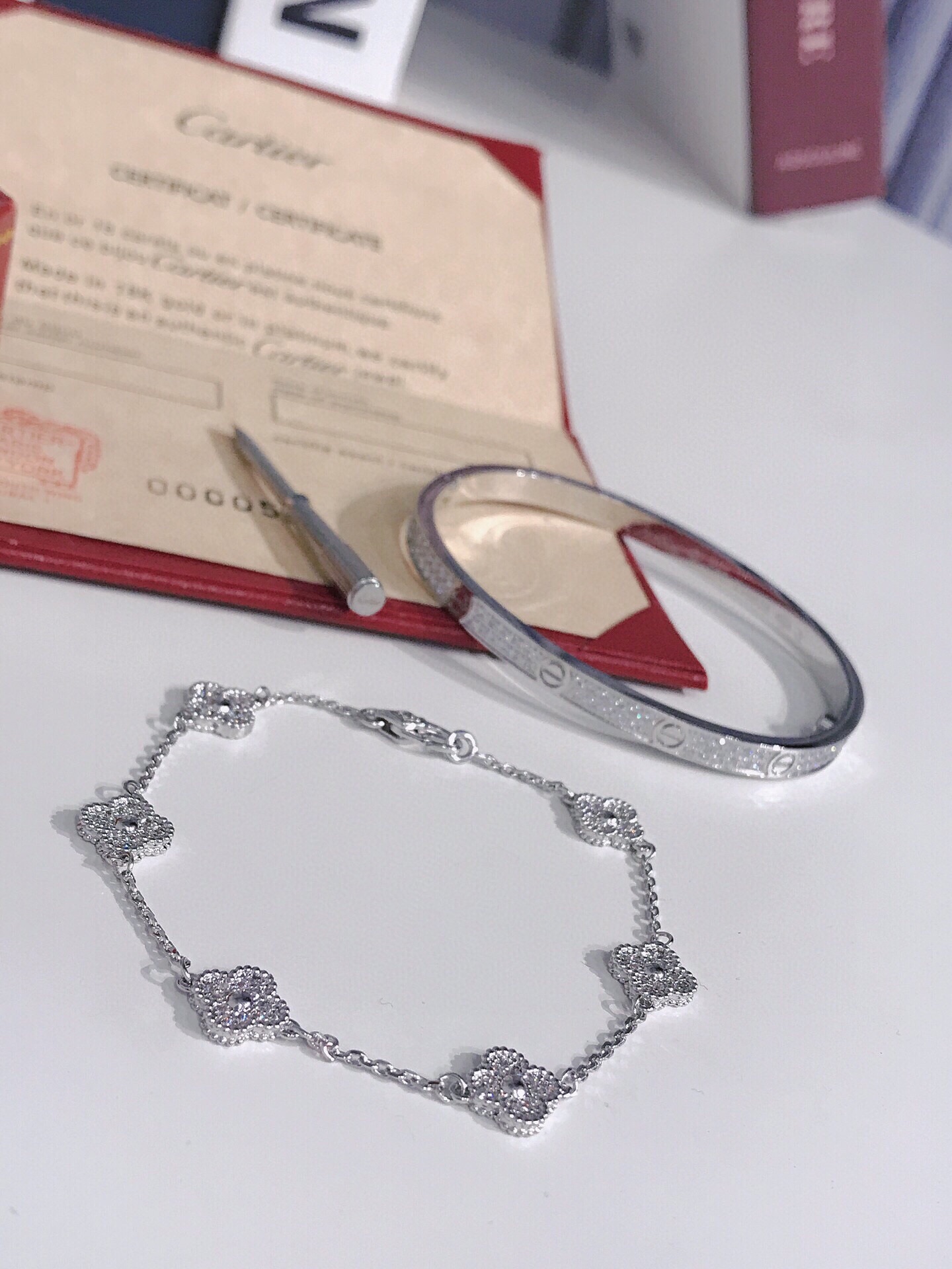 LOVE bracelet, small model, paved + Vintage Alhambra bracelet, 5 motifs