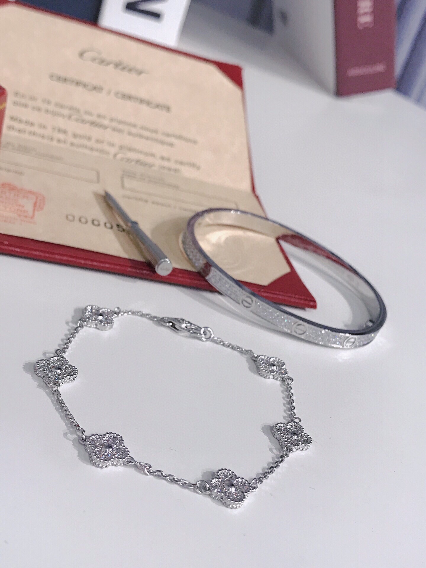 LOVE bracelet, small model, paved + Vintage Alhambra bracelet, 5 motifs