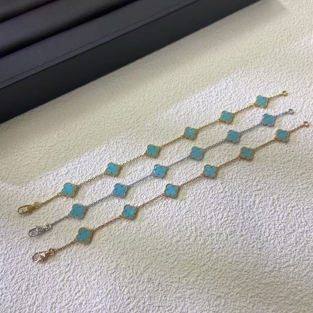 18K White Gold Turquoise 5 Motifs Vintage Alhambra Bracelet