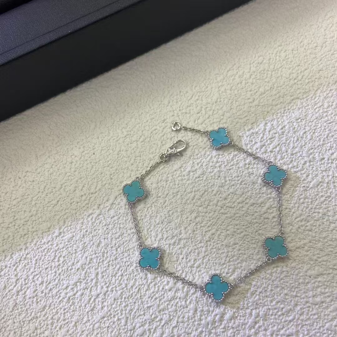 18K White Gold Turquoise 5 Motifs Vintage Alhambra Bracelet