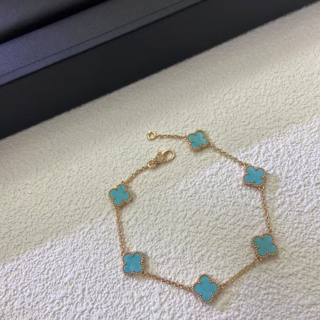 18K White Gold Turquoise 5 Motifs Vintage Alhambra Bracelet