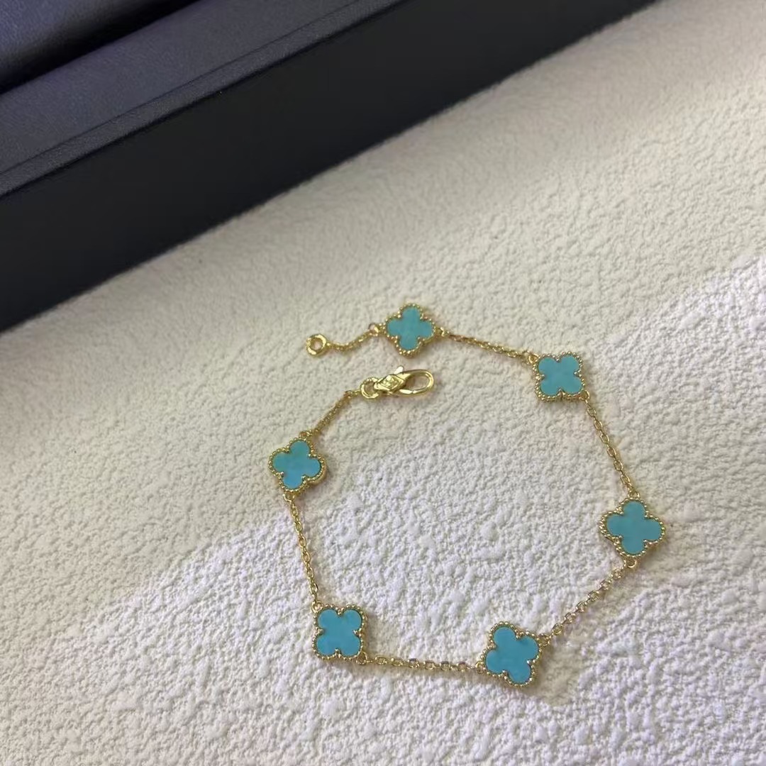 18K White Gold Turquoise 5 Motifs Vintage Alhambra Bracelet