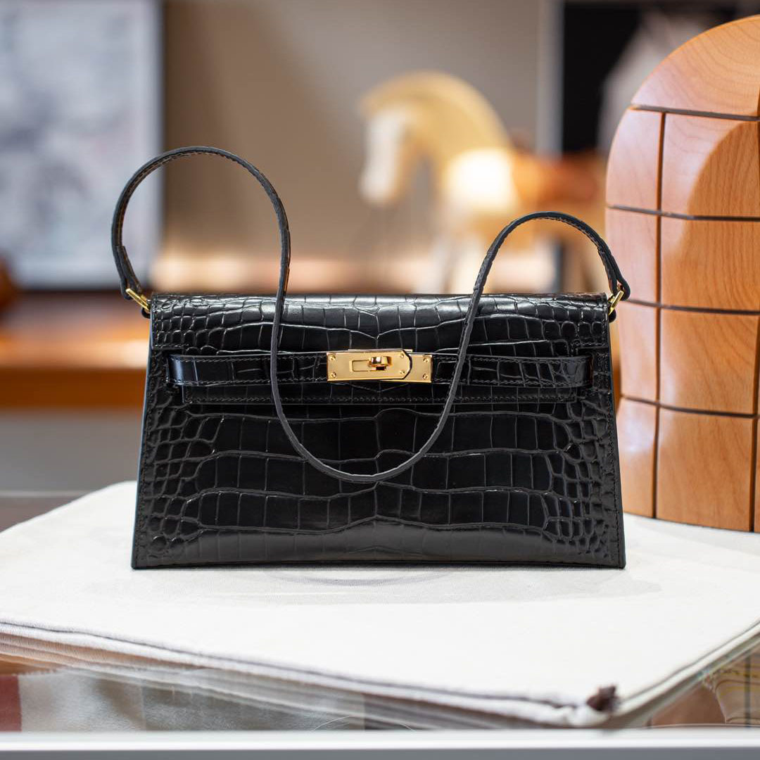 Herthtmes  Shiny Niloticus Crocodile Kelly Pochette Black