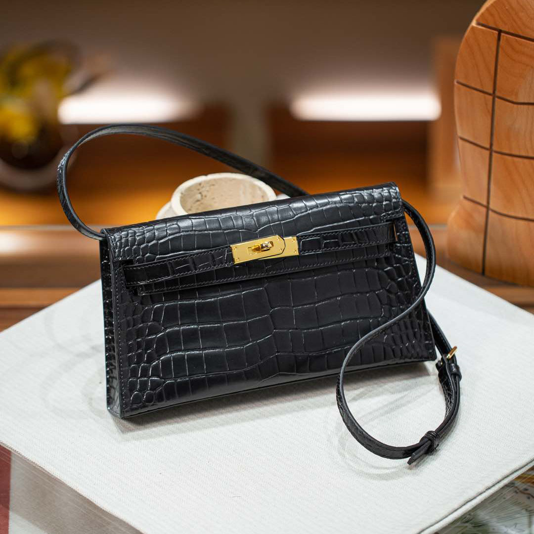 Herthtmes  Shiny Niloticus Crocodile Kelly Pochette Black