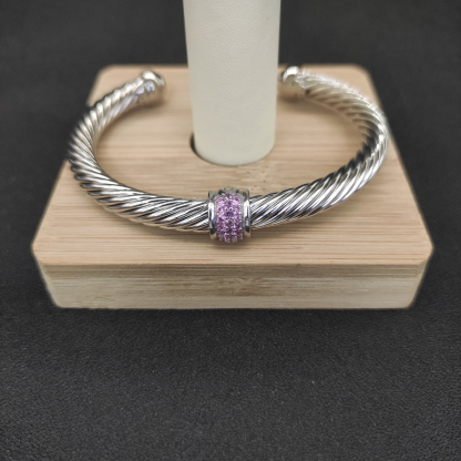 Classic Cable Station Bracelet Sterling Silver with Pave Diamonds, 7mm